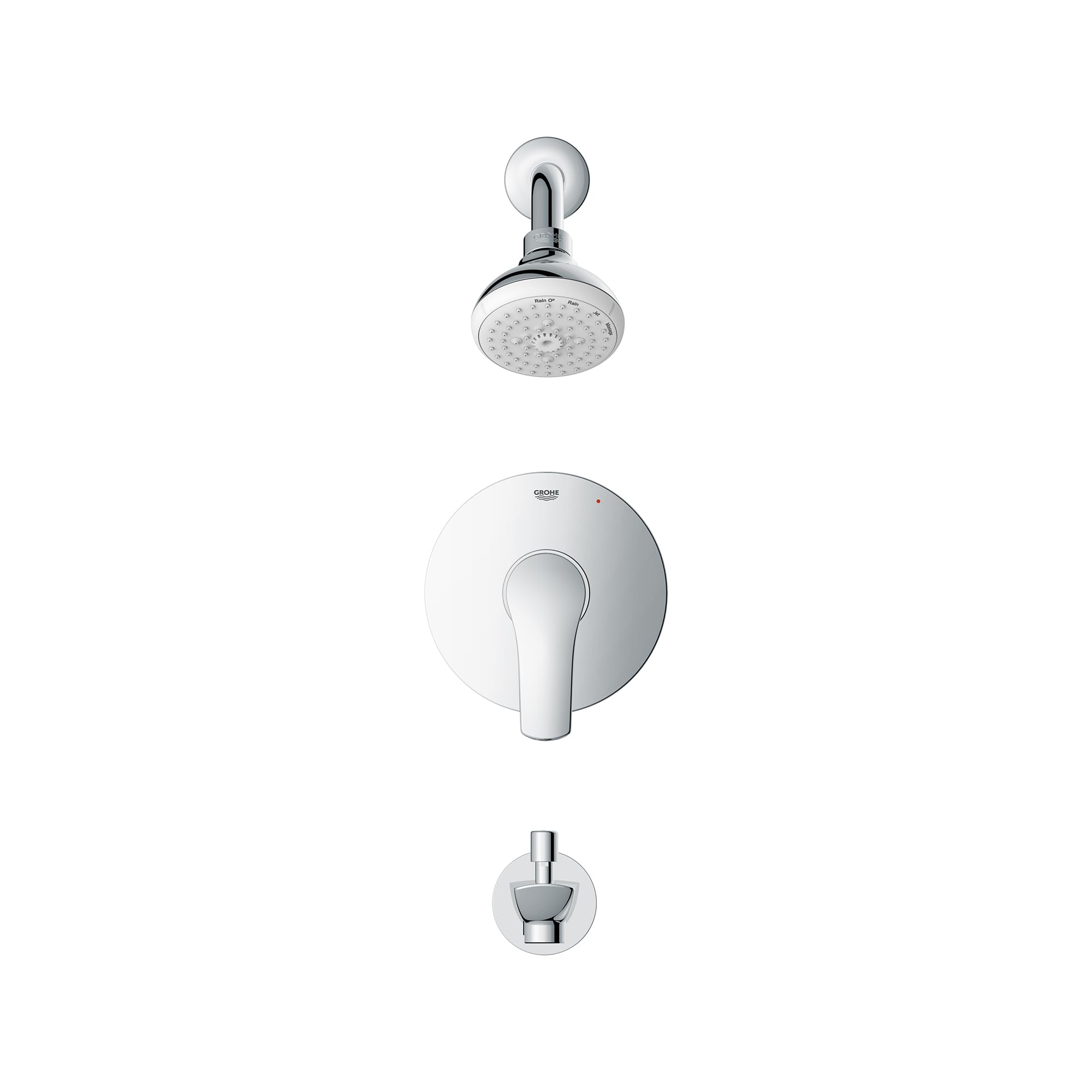 Chrome pressure balance valve with round shower head, control lever, and tub spout.