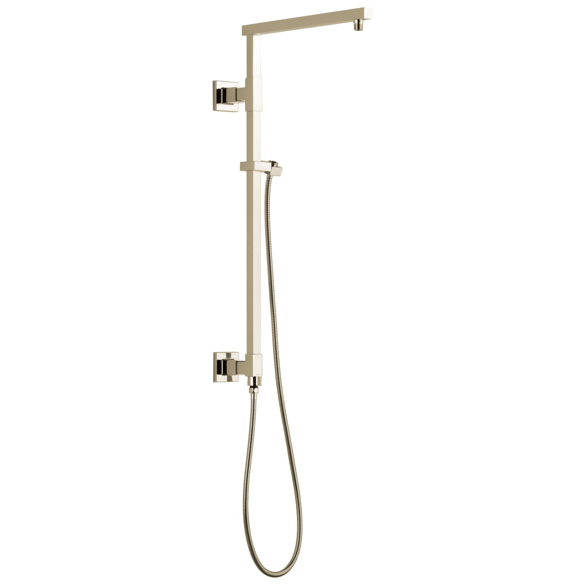Brushed nickel angular shower column with overhead rainfall head, handheld showerhead, and wall-mounted control valve.