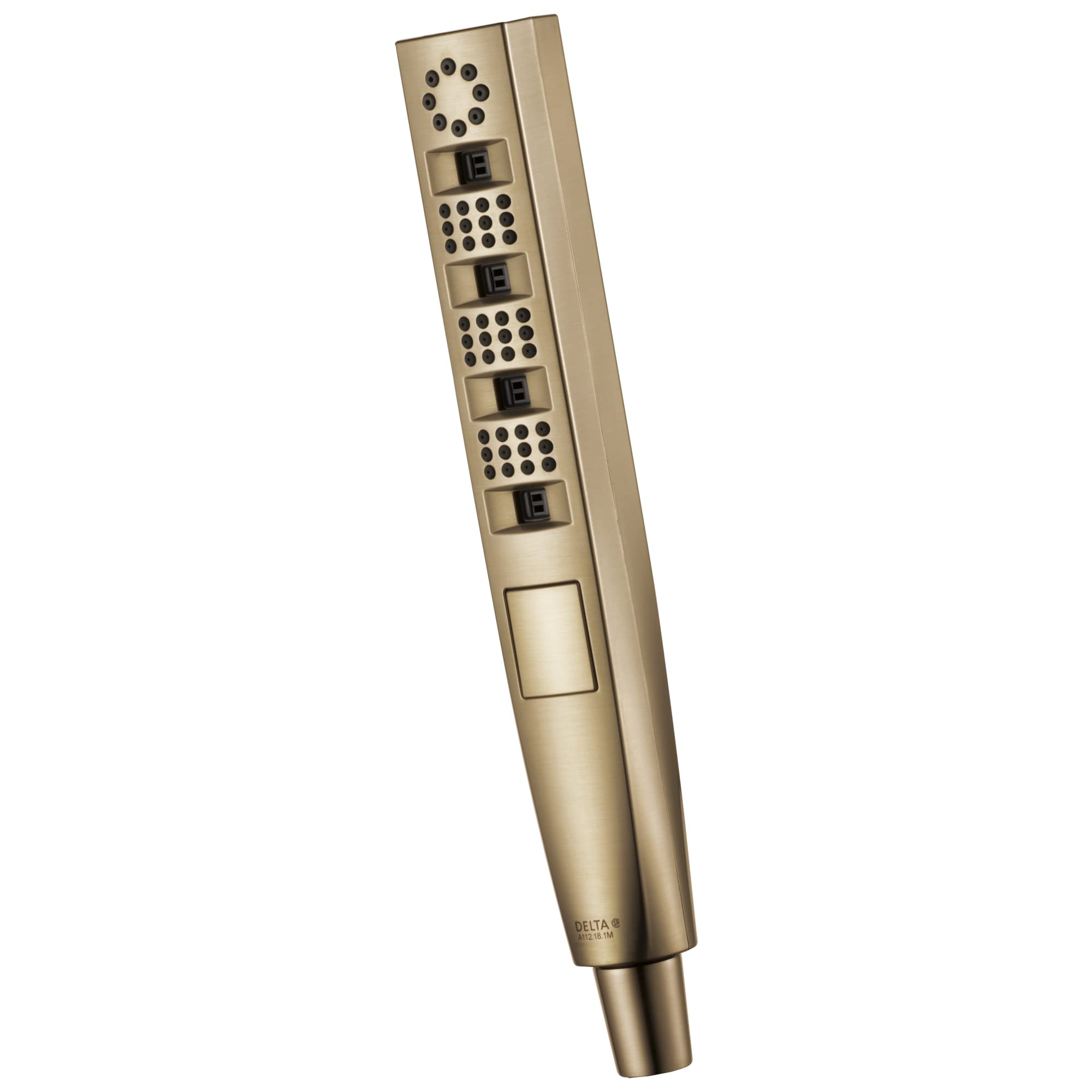 Champagne bronze hand shower with circular spray head, four rectangular selector buttons, and grip handle.