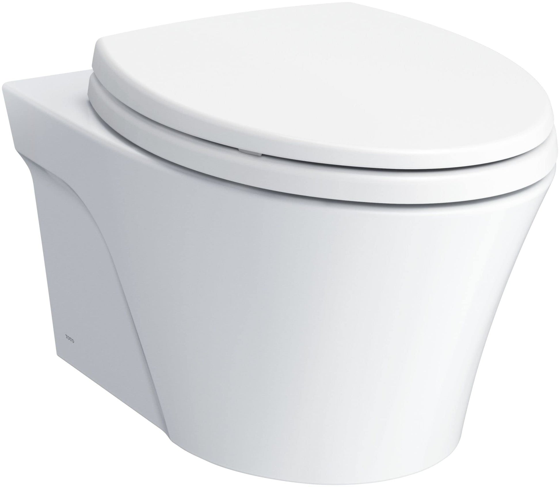 White elongated wall-mount toilet bowl with closed seat lid and curved modern design.