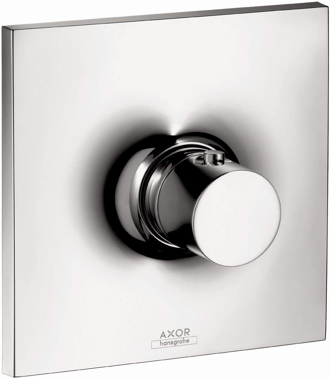 Chrome thermostatic shower trim with round handle and square escutcheon plate.