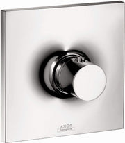 Chrome thermostatic shower trim with round handle and square escutcheon plate.
