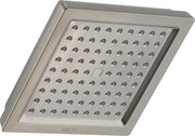 Stainless steel square raincan shower head with multiple spray jets and Delta branding.