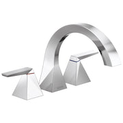 Chrome roman tub faucet with two lever handles and curved spout in arc design.