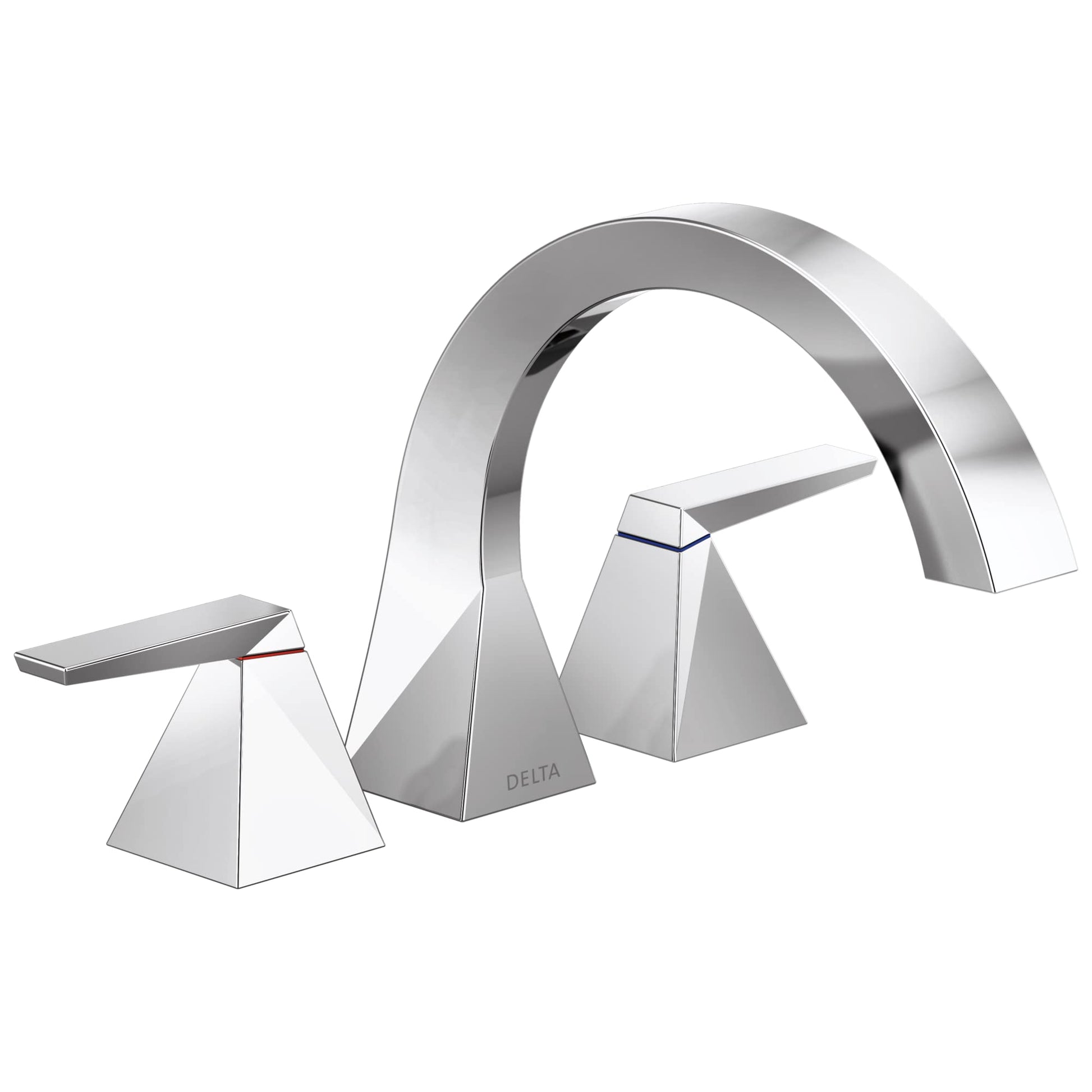 Chrome roman tub faucet with two lever handles and curved spout in arc design.