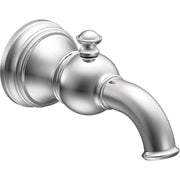 Chrome tub spout with curved outlet, diverter knob, and circular mounting flange.