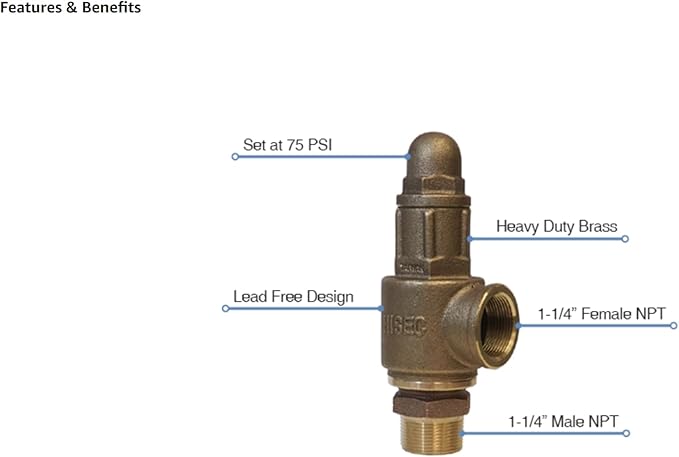 Brass pressure relief valve with 1-1/4" male and female NPT connections, set at 75 PSI, featuring lead-free design.