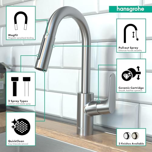 Steel Optic pull-down kitchen faucet with curved spout and spray head, shown with feature callouts for MagFit docking, pull-o