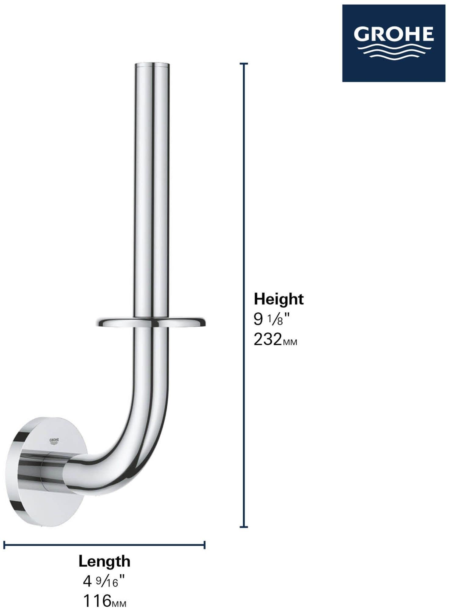 Brushed nickel toilet paper holder with curved wall-mounted arm and circular base plate, 9 1/8 inches tall.