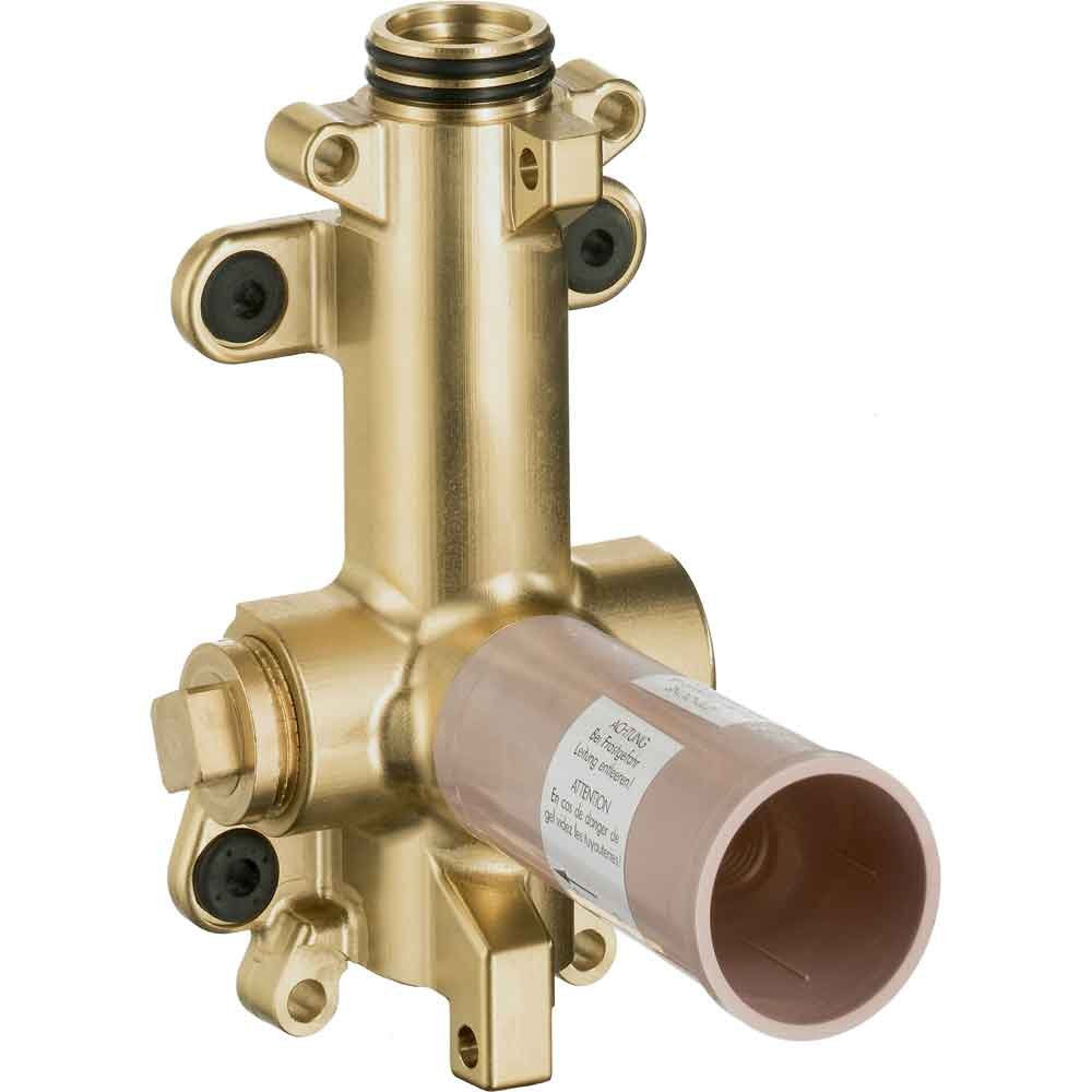 Brass shower valve rough-in body with volume control connections and pink outlet pipe, 5" x 5" size.