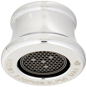 Chrome finish faucet aerator with white collar and hexagonal mesh screen insert.