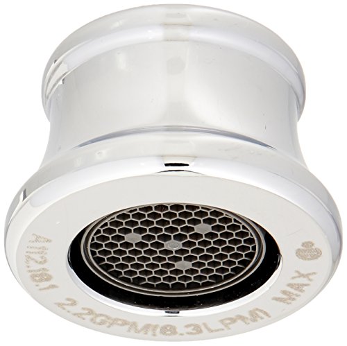 Chrome finish faucet aerator with white collar and hexagonal mesh screen insert.