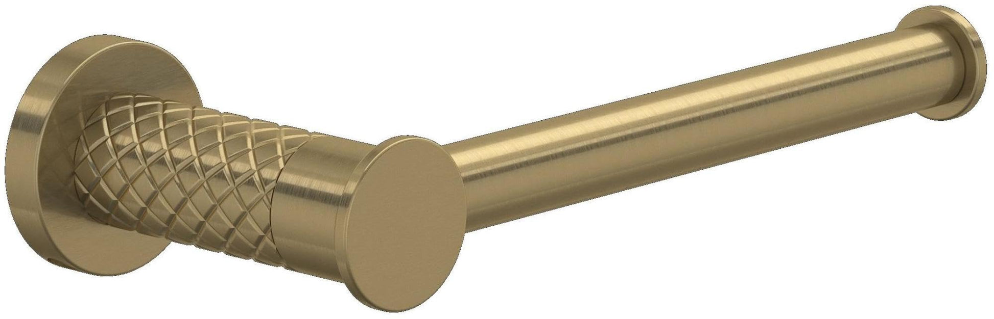 Antique gold toilet paper holder with cylindrical rod and decorative quilted sleeve, mounted horizontally.