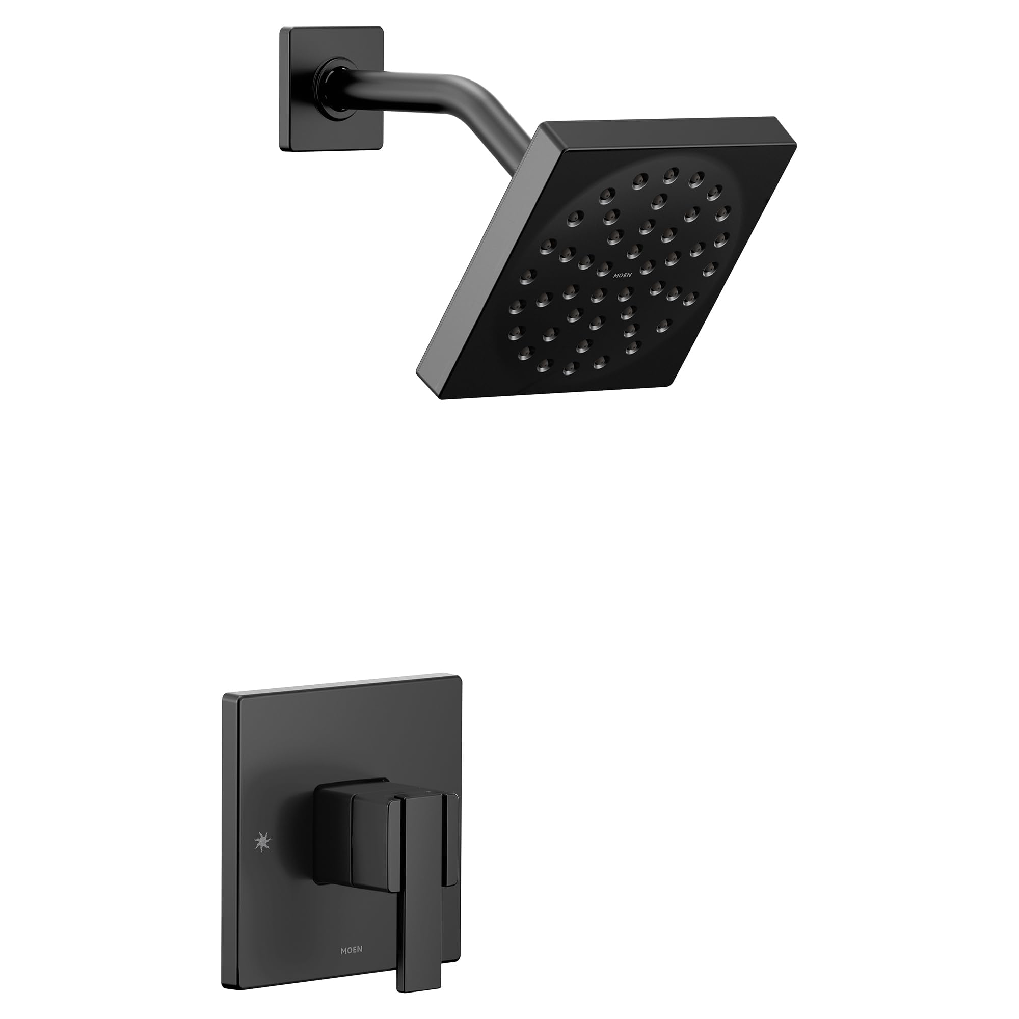 Matte black shower trim kit with single handle valve and square showerhead with multiple spray jets.