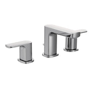 Chrome widespread bathroom faucet with two handles and rectangular spout, featuring Moen Rizon design.