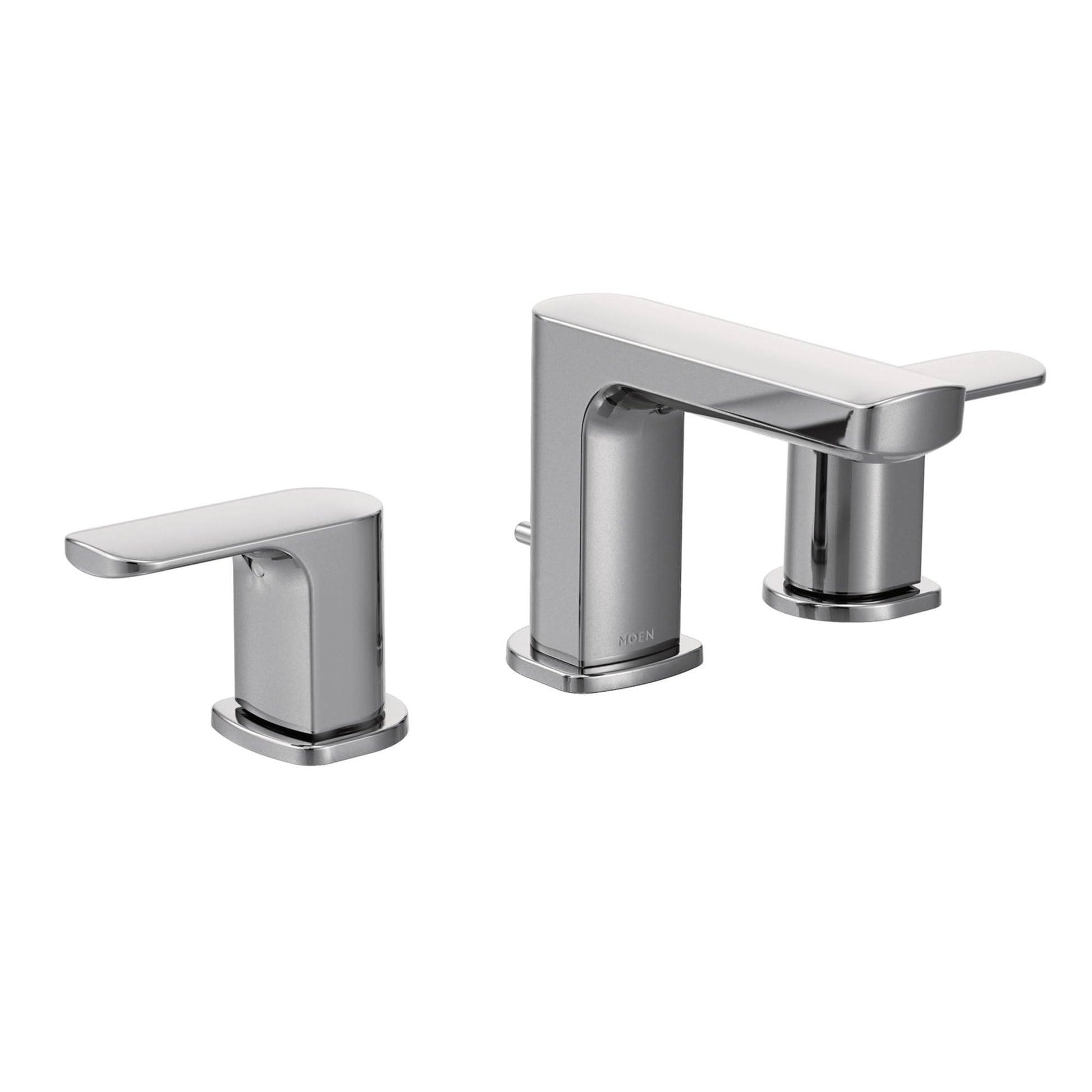 Chrome widespread bathroom faucet with two handles and rectangular spout, featuring Moen Rizon design.