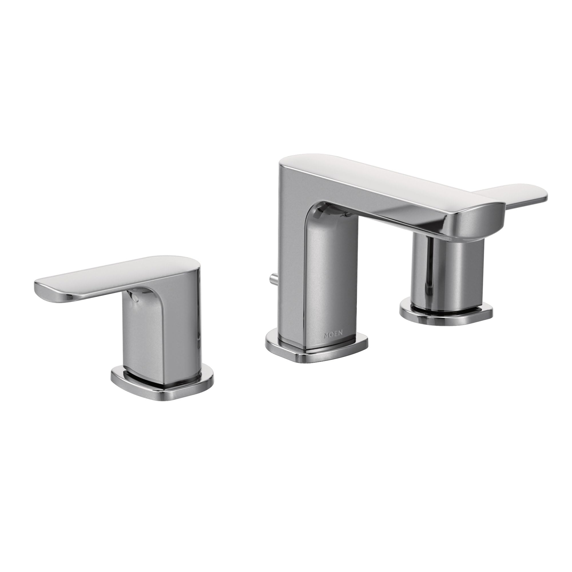 Chrome widespread bathroom faucet with two handles and rectangular spout, featuring Moen Rizon design.