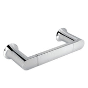 Chrome hand towel bar with curved cylindrical ends and straight horizontal bar in the center.