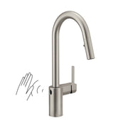 Stainless steel high-arc pulldown kitchen faucet with touchless sensor and single handle control.