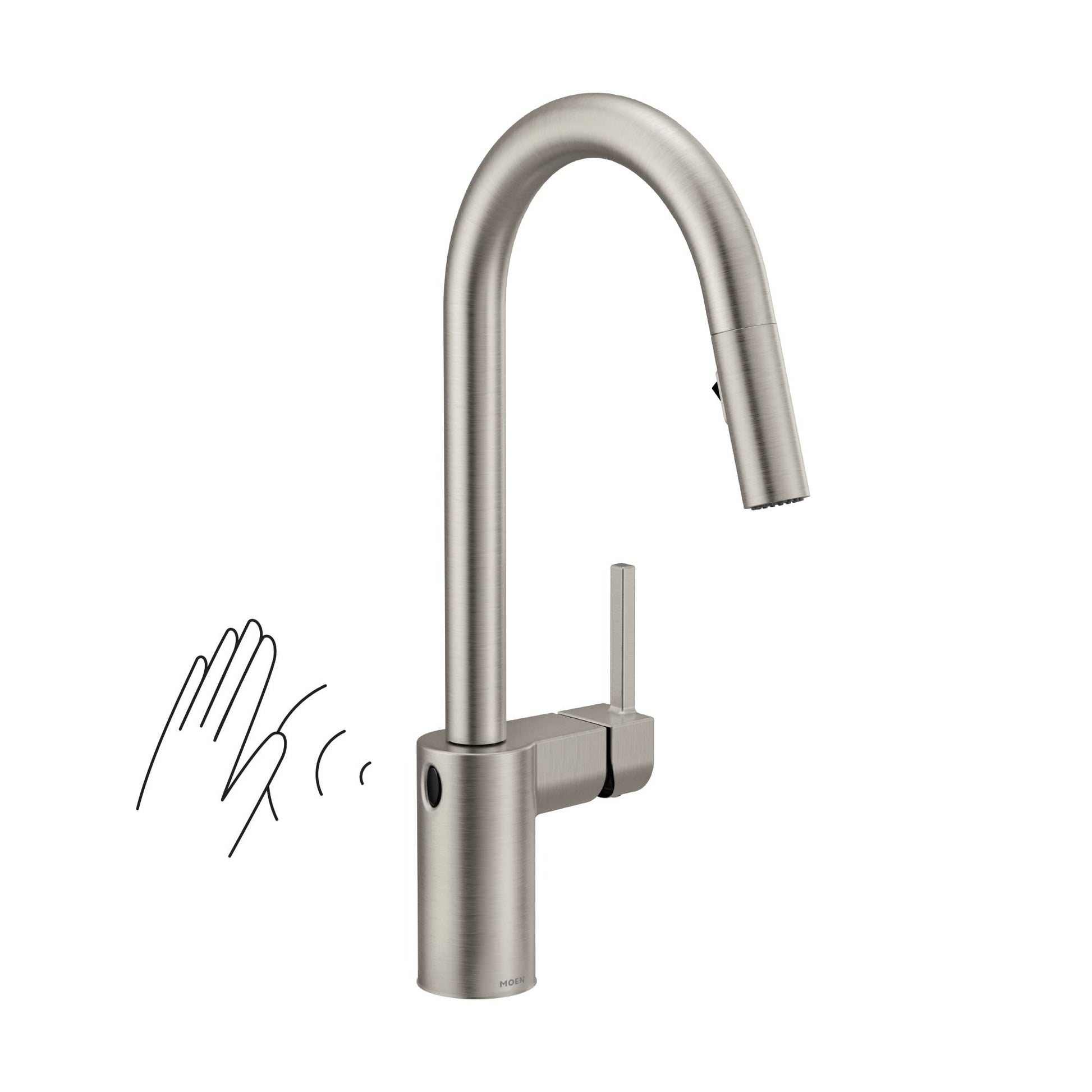 Stainless steel high-arc pulldown kitchen faucet with touchless sensor and single handle control.