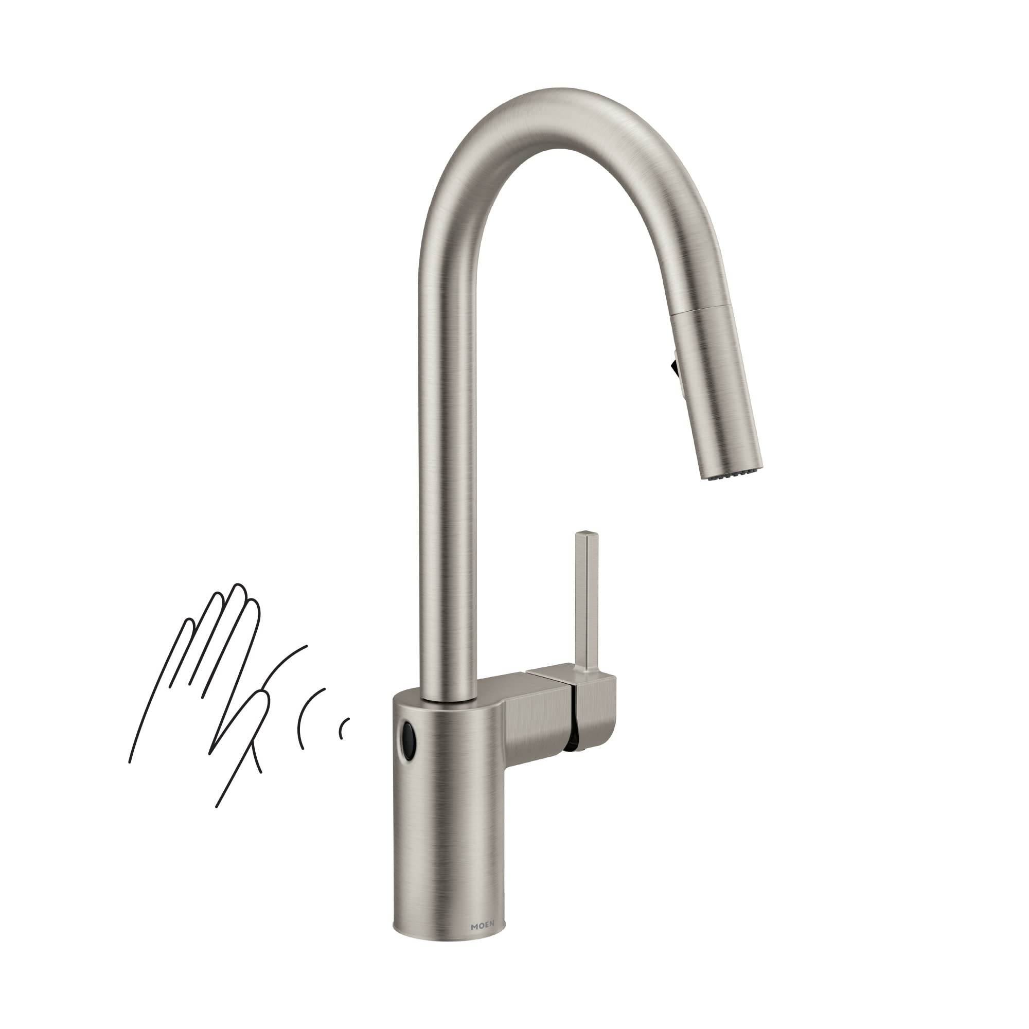 Stainless steel high-arc pulldown kitchen faucet with touchless sensor and single handle control.