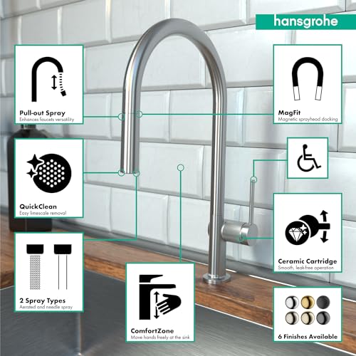Hansgrohe Talis N stainless steel high-arc kitchen faucet with pull-down spray head mounted on wood countertop.