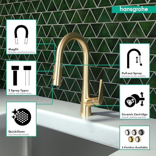 Hansgrohe Talis S brushed gold pull-down kitchen faucet with curved spout over white sink against green tile backsplash.