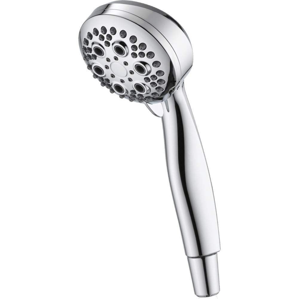 Chrome hand shower with circular head featuring multiple spray holes and tapered handle.