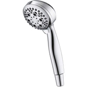 Chrome hand shower with circular head featuring multiple spray holes and tapered handle.
