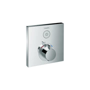 Square chrome shower thermostatic valve trim with power button and single rotary temperature control dial.