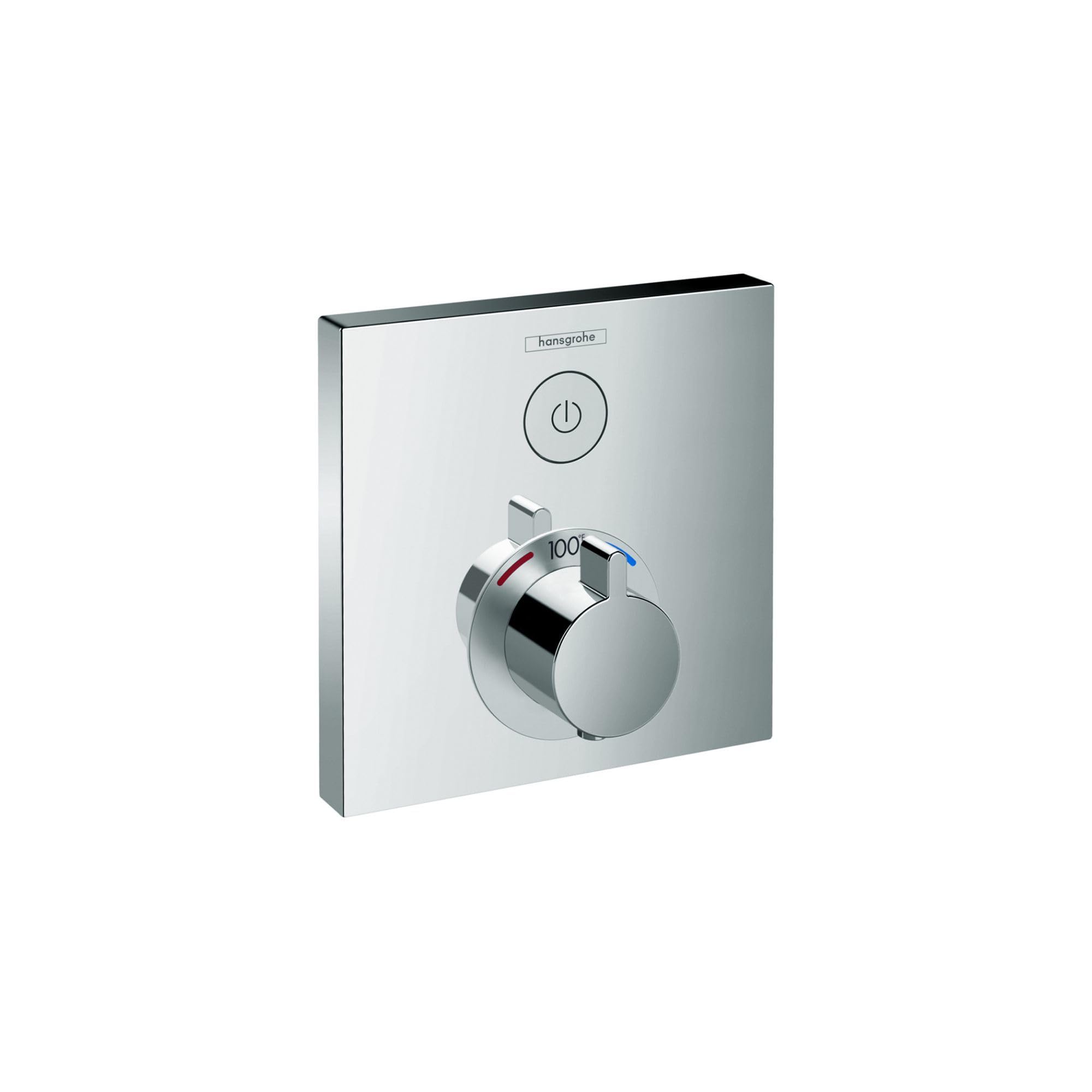 Square chrome shower thermostatic valve trim with power button and single rotary temperature control dial.