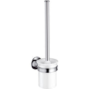 Chrome and white wall-mounted toilet brush holder with cylindrical ceramic cup and tall metal handle.