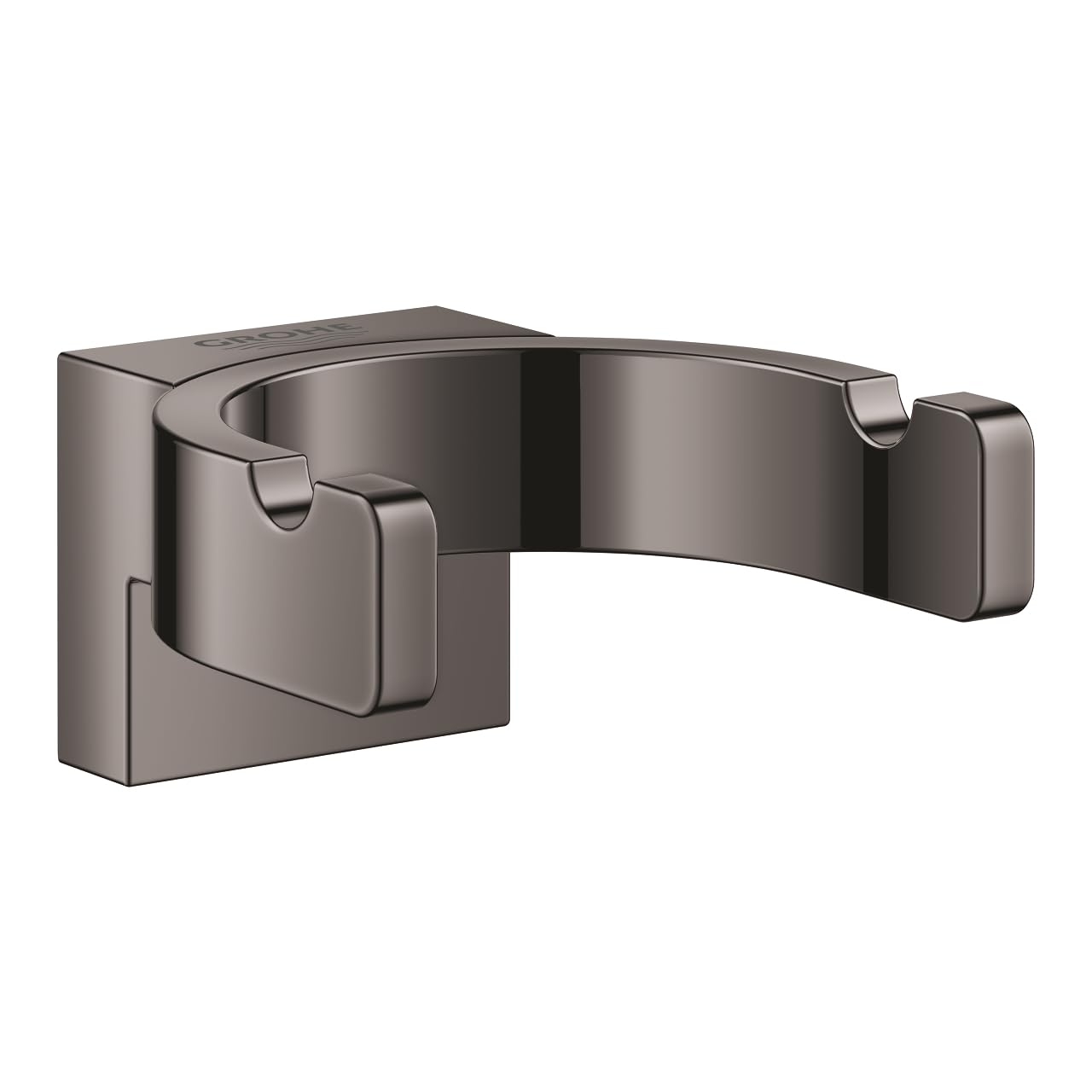 Dark graphite robe hook with curved arm and rectangular wall-mounted base.