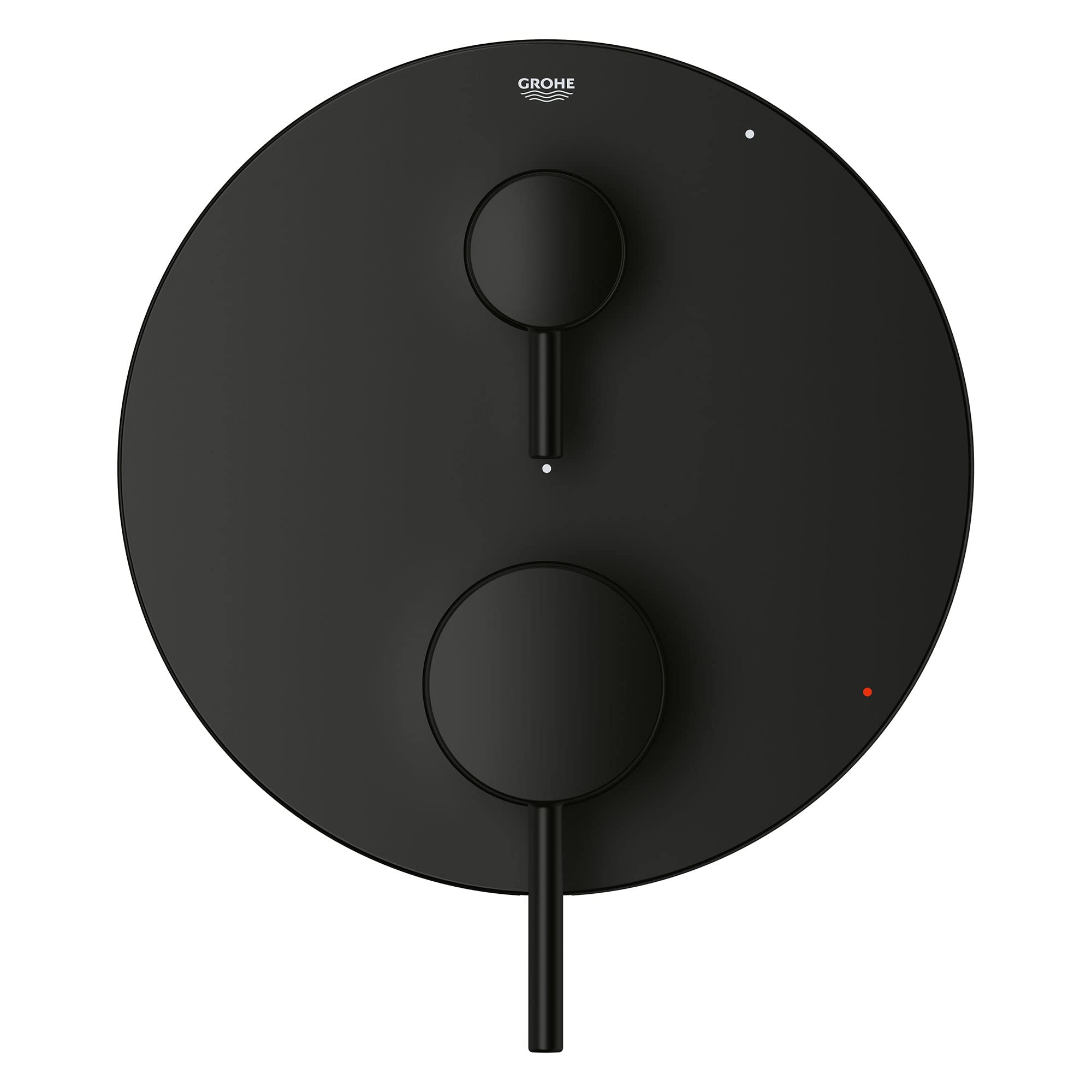 Grohe Timeless matte black circular valve trim with two control knobs and single lever diverter handle.