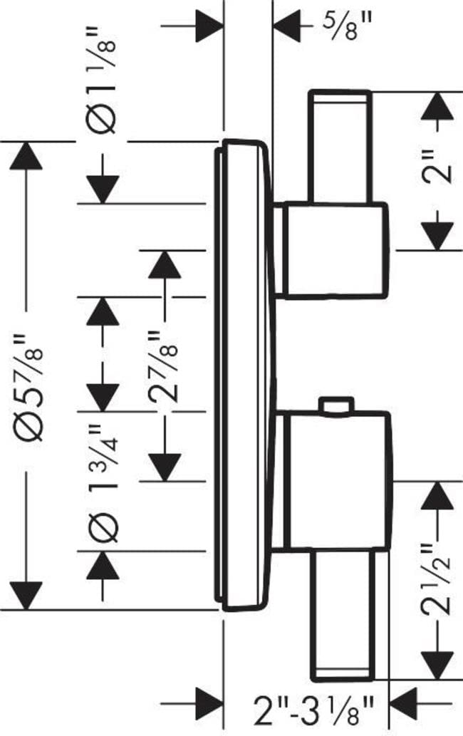 Technical schematic diagram showing dimensions and connection points for a thermostatic shower valve trim with volume control