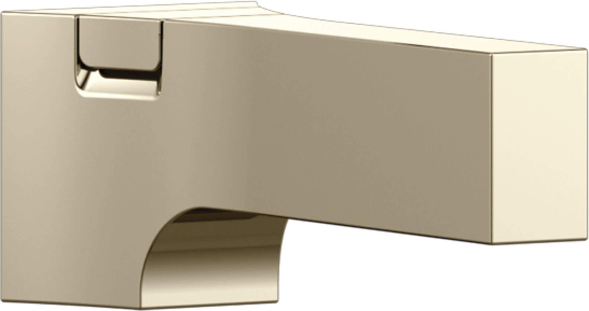 Champagne bronze diverter tub spout with curved water outlet and toggle diverter lever on wall-mounted rectangular escutcheon