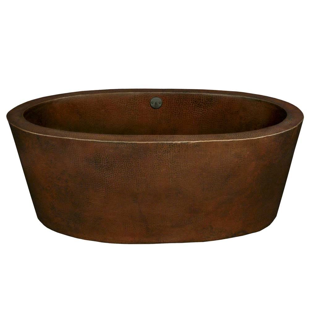 Freestanding bathtub with hammered copper finish and textured surface, oval shape viewed from above.
