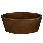 Freestanding bathtub with hammered copper finish and textured surface, oval shape viewed from above.
