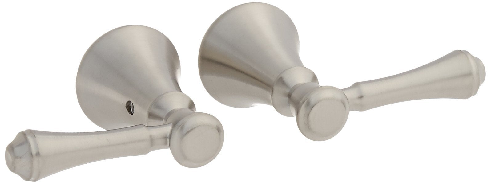 Stainless steel deck mount bathroom lever handle set with two matching handles and curved escutcheons.