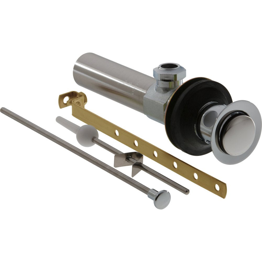 Chrome pop-up drain assembly with metal components, brass mounting bracket, and operating rod.