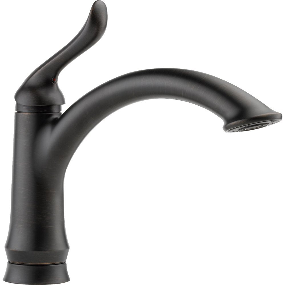 Black single-handle kitchen faucet with curved spout and lever control.