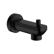 Matte black tub spout with diverter lever and circular wall flange.