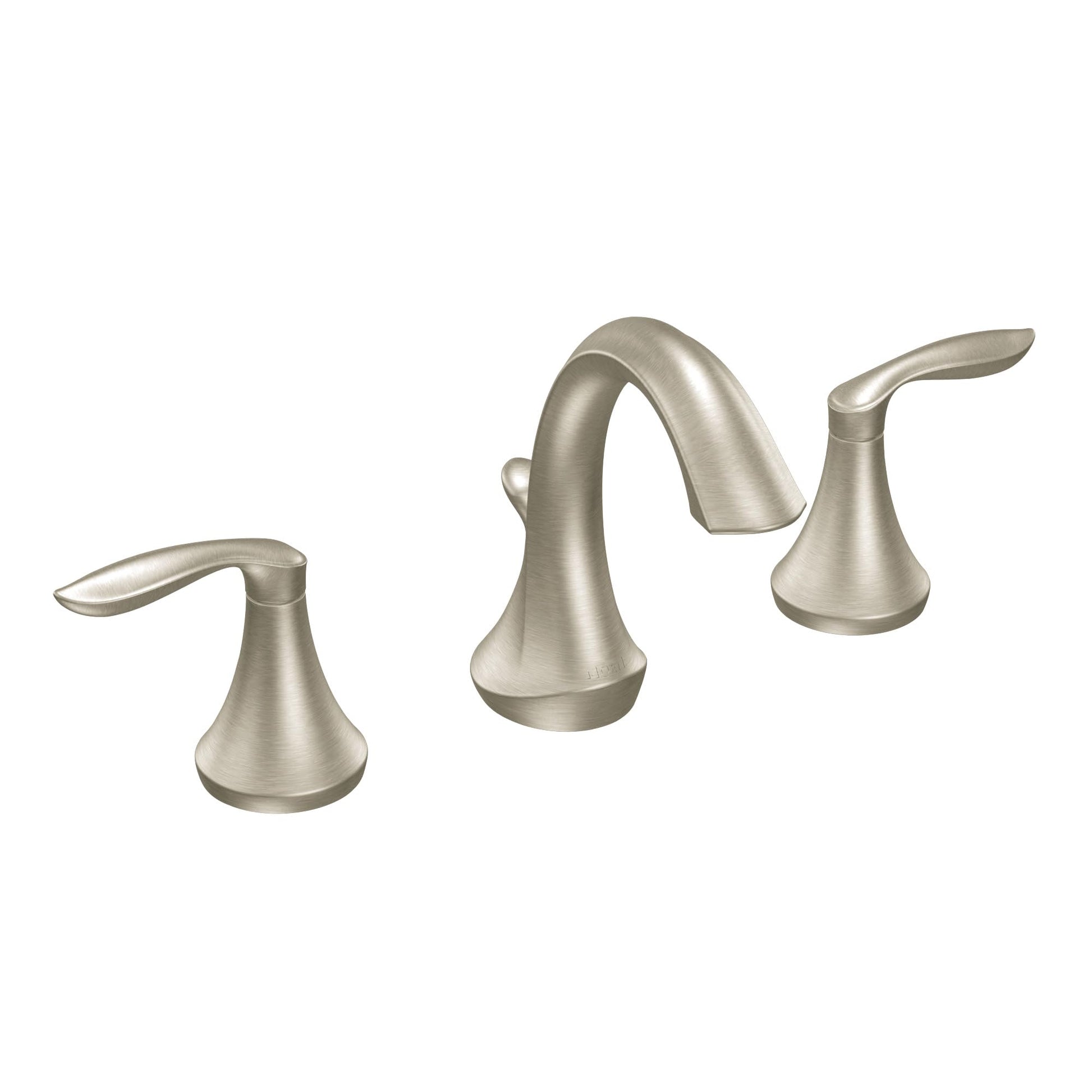 Brushed nickel two-handle widespread faucet trim with arched center spout and lever handles.