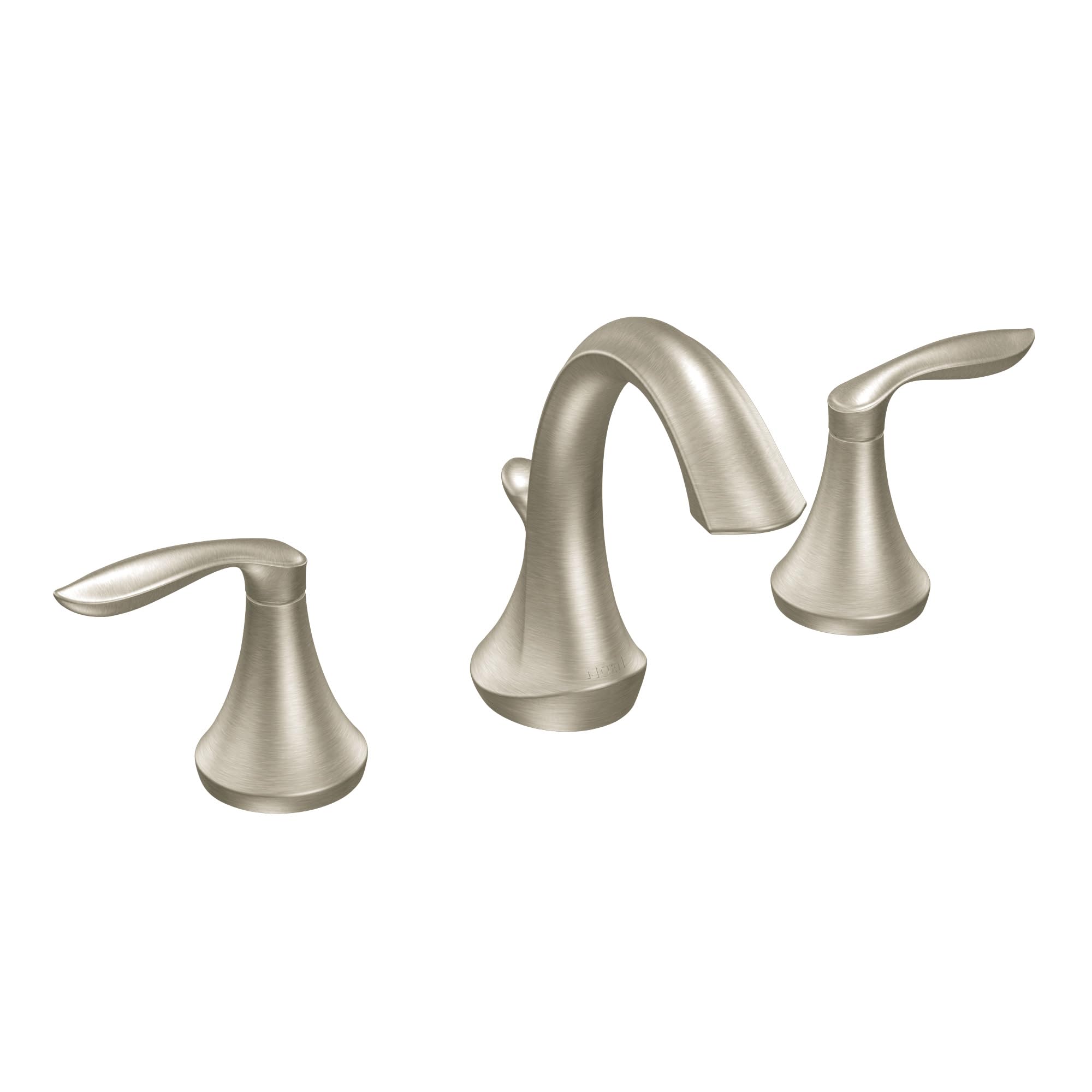 Brushed nickel two-handle widespread faucet trim with arched center spout and lever handles.
