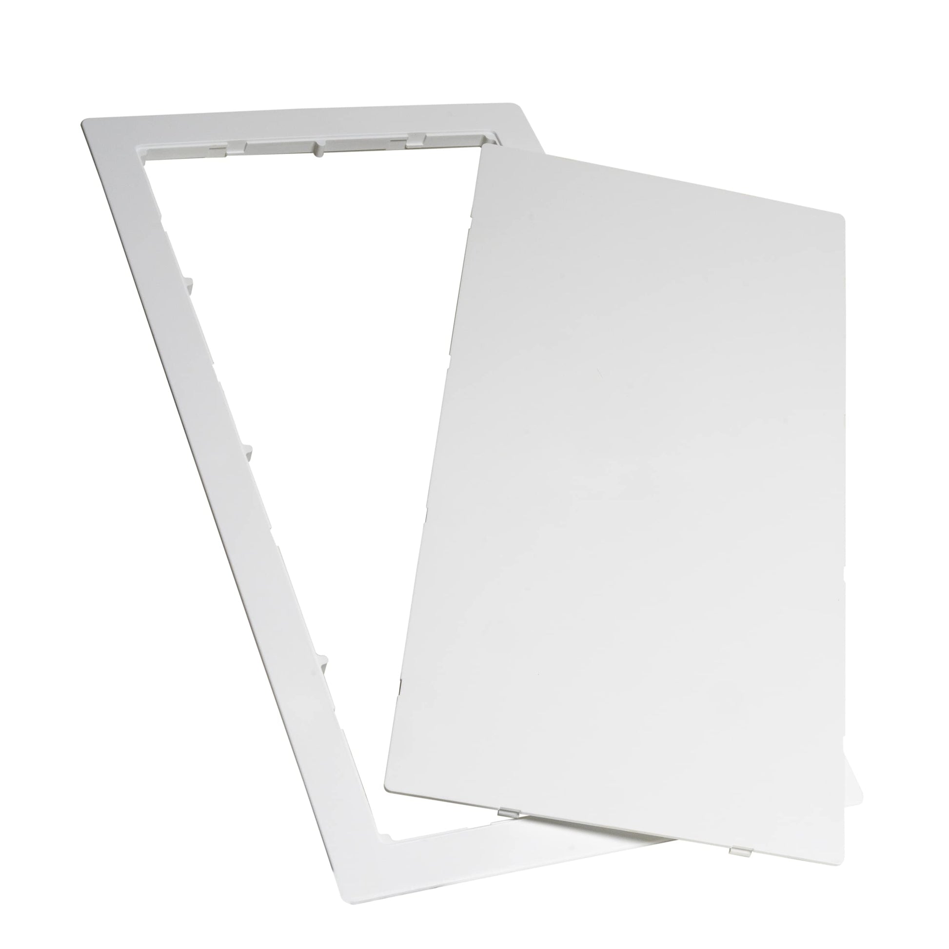 White rectangular wall access panel with hinged door and frame opening, measuring 14 by 29 inches.