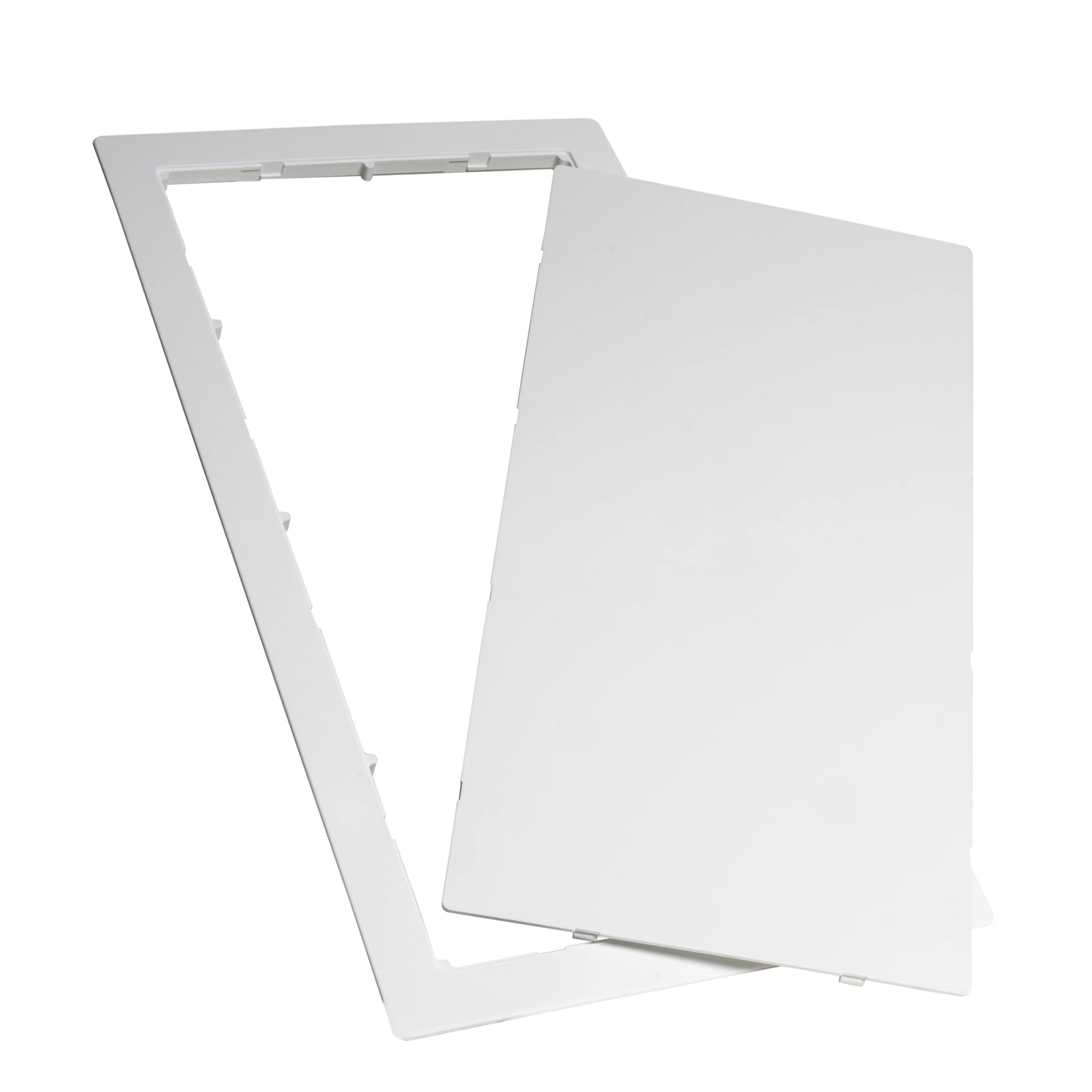 White rectangular wall access panel with hinged door and frame opening, measuring 14 by 29 inches.