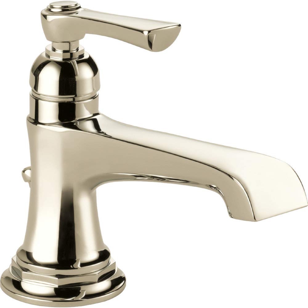 Polished nickel single-handle bathroom faucet with curved spout and cylindrical base.
