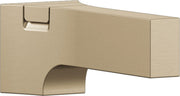 Champagne bronze diverter tub spout with curved water outlet and mounting bracket on rectangular body.