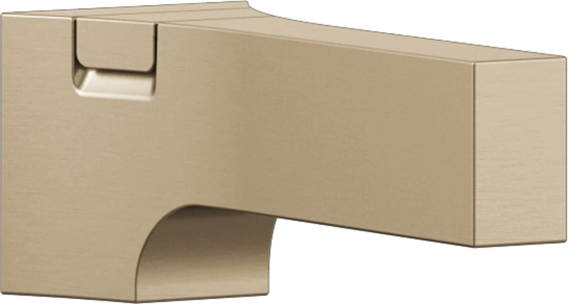 Champagne bronze diverter tub spout with curved water outlet and mounting bracket on rectangular body.