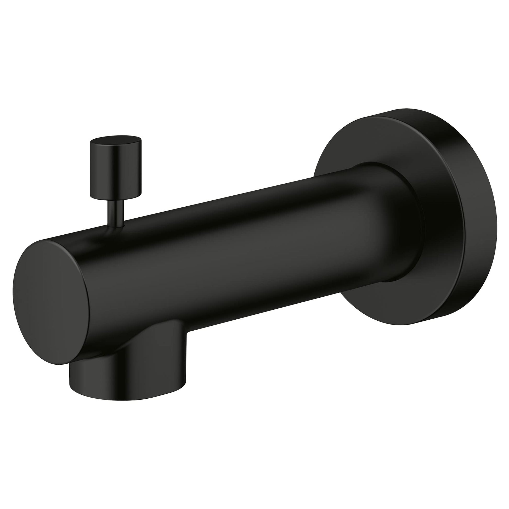 Matte black cylindrical tub spout with diverter lever and wall-mounted round flange.